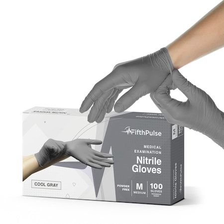 Fifthpulse Disposable Gloves, 4.5 mil Palm, Nitrile, Powder-Free, M, 100 PK, Cool Gray FMN100565